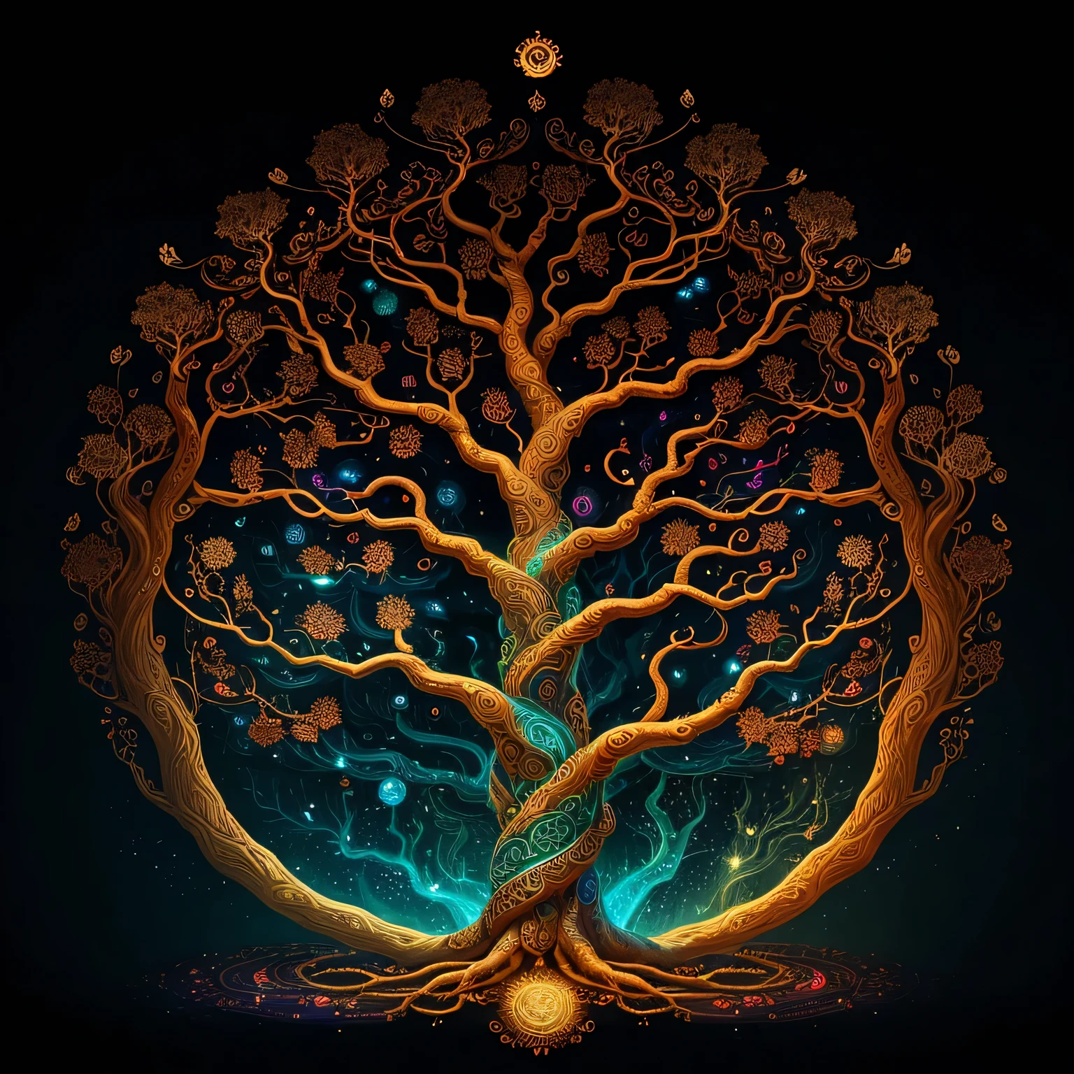 Create a picture of a Mythological Tree of Knowledge, mixing artistic elements that capture the essence of ancient myths. Imagine roots that intertwine like snakes, incorporando os fios serpentinos da mitologia. O porta malas, adornado com motivos que lembram pergaminhos antigos, symbolizes the wisdom held in the psychological realms. Os ramos, adorned with ethereal tones inspired by mythical tales, reach the heavenly, incorporating spiritual aspirations. Infuse the entire composition with mythical colors, invoking the richness and vibrancy found in legendary tales. This work of art is meant to be a testament to the intricate interweaving of mythology, psicologia, and spirituality within the branches of the Tree of Knowledge