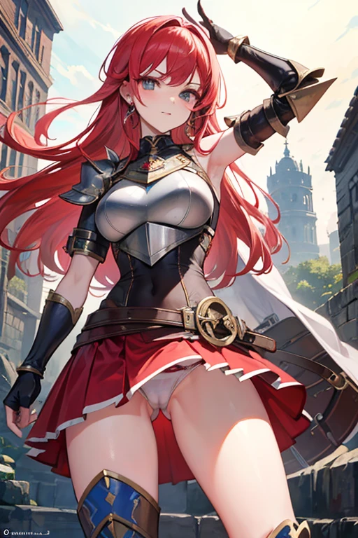 Guerreira, fantasia, armadura de placas, steel breastplate, Steel gauntlets, steel gloves, saia curta, saia vermelha, levantando a saia, calcinha branca, calcinha aparecendo, ruiva, realista, D&D, saia levantada, (cameltoe), upskirt, Steel gauntlets, steel boots, steel breastplate, melhor qualidade, tiro de cowboy, obra-prima, 8k