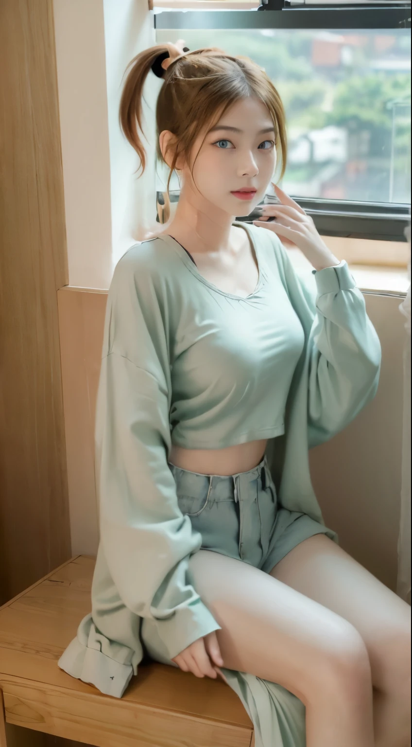 (SFW:1.3), masterpiece, best quality, highres k, professional artwork, famous artwork, clean, cinematic lighting, beautiful eyes + detail, beautiful hair + detail, (sexy young female body:1.4), ( small medium breasts, lactation), happy:1.3, smile:1.3, erotic looking at the viewer, floating hair, (((minami yume:1.2, green eyes, ponytail, oversized clothes, ))), indoors, open door, bedroom, (Welcome home),