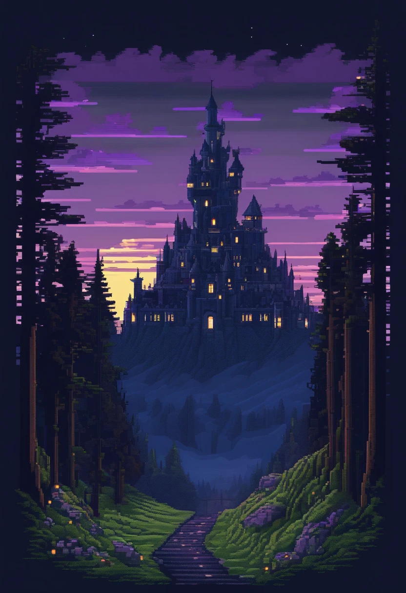 Dark sky ,castle on the hill, dark mountain, forest, moonlight, the road where evil dwells leading to the castle, moebius type of drawning