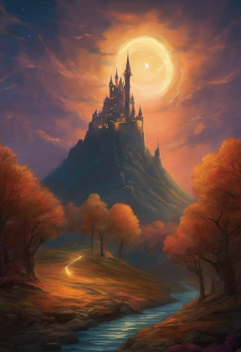 Dark sky ,castle on the hill, dark mountain, forest, moonlight, the road where evil dwells leading to the castle, moebius type of drawning