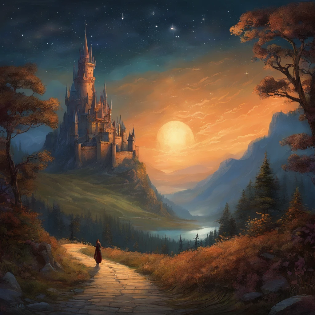 Dark sky, castle on the hill, dark mountain, forest, moonlight, stars, the road where evil dwells leading to the castle, moebius type of drawning