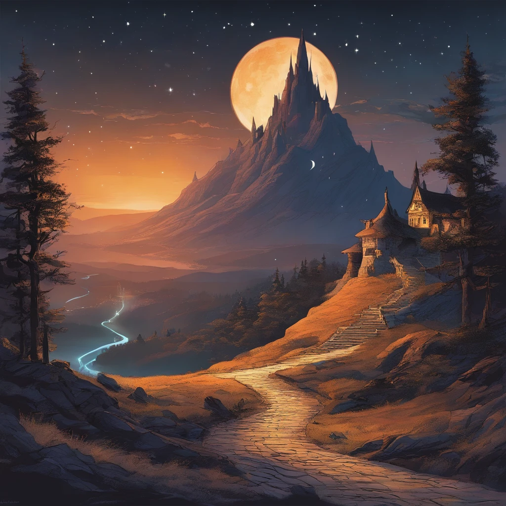 Dark sky, castle on the hill, dark mountain, forest, moonlight, stars, the road where evil dwells leading to the castle, moebius type of drawning