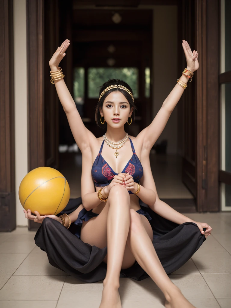 Dslr photo, (extraarms:1.2), (8k, 4k, masterpiece),beautiful pretty mature woman, mysterious, short hair, hair in braid, hair in ponytail, hippie, bohemian, indoors, tent, night, dark patterned cloth bikini, headband, hoop earrings, bracelets, arm bands, necklace,sultry, blurry background, (upper hands raised), (lower hands on feet), (lower hands on floor), (lower hands holding crystal ball), arms fully extended, dynamic, full subject in frame, full body view, thighs, bare feet, anklets, sitting cross legged on floor, facing viewer, (extraarms:1.2), four arms, (looking at viewer)