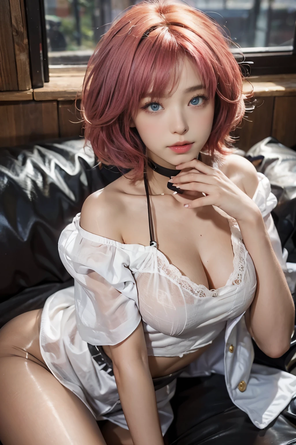20yo woman, (masterpiece: 1.4), (8K, reality, original photo, best quality: 1.4), Japan, (1 girl), beautiful face, (Real faces: 1.4), (pink hair, short hair: 1.3), hairstyle, Realistic blue eyes, beautiful details eyes, (reality皮肤: 1.3), beautiful skin, Attractive, ultra high resolution, Super realistic, HD, golden ratio, (Detailed face: 1.4), (Japan演员: estuary), Sheer vest,粉色short hair,White透明,White,NSFW,big,big屁股强调,The nipple areola is clearly shaped,looking into camera,Sitting on the sofa,pubic shape is transparent and clear,posture(Bend your knees and legs open)
