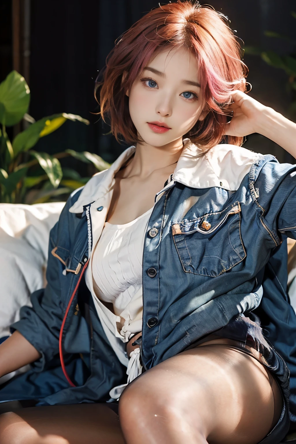 20yo woman, (masterpiece: 1.4), (8K, reality, original photo, best quality: 1.4), Japan, (1 girl), beautiful face, (Real faces: 1.4), (pink hair, short hair: 1.3), hairstyle, Realistic blue eyes, beautiful details eyes, (reality皮肤: 1.3), beautiful skin, Attractive, ultra high resolution, Super realistic, HD, golden ratio, (Detailed face: 1.4), (Japan演员: estuary), Sheer vest,粉色short hair,White透明,White,NSFW,big,big屁股强调,The nipple areola is clearly shaped,looking into camera,Sitting on the sofa,pubic shape is transparent and clear,posture(Bend your knees and legs open)
