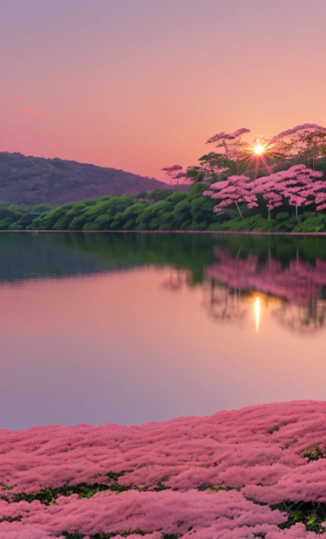 Sakuramiku, tronco, sorriso, corar, sentado, ((flores de cerejeira)), ((manga rosa)), Tom rosa, ((Meias Rosa)), pink sky, sunset, lago, reflection.