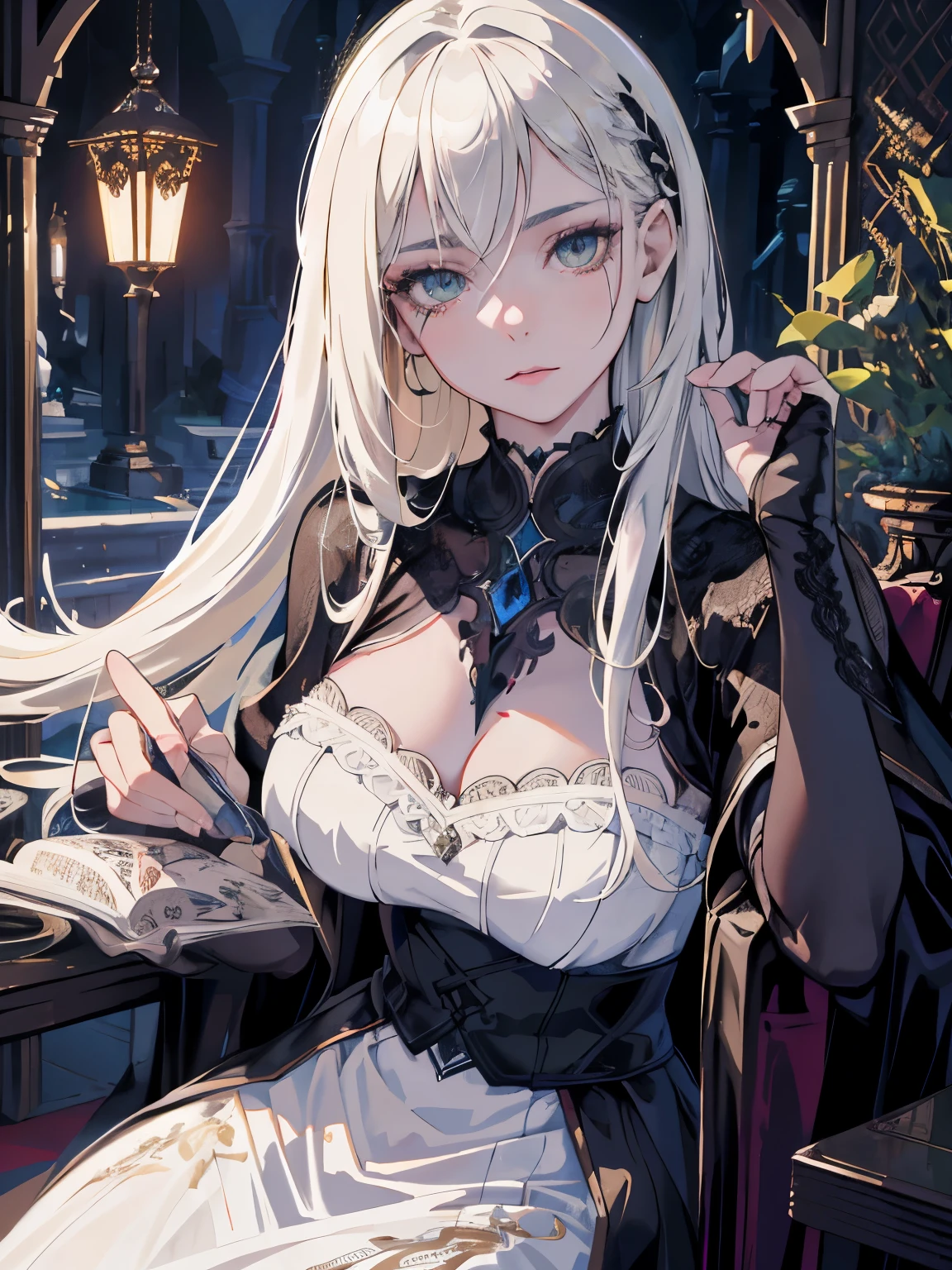 ((masterpiece, best quality)), (1girl), (solo), (female focus), (ash blonde hair, long hair, hair over one eye), green eyes, arms behind back, sad eyes, cold facial expression, cold look, gothic dress, pale skin, colour grading, dark illustration, extreme quality, radiant, extremely detailed, ultra-detailed face, ultra hd 8k, ultra digitality, mythical, dark lightning, perfect face, beautiful, (perfect composition: 1. 4), detailed face and body, award-winning photography , fields, detailed face, detailed hands, looking at the viewer, cinematic lighting, embers, fantasy background, water splashes, foggy haze, (necromancer), (villain), faux traditional media, (masterpiece, best quality, ultra-detailed, best shadow), (beautiful detailed face, feminine features), (best illumination), ((cinematic light)), colorful, hyper detail, dramatic light, intricate details, (dark circle under eyes), gothic, decadence, stunning, eerie, christian iconography