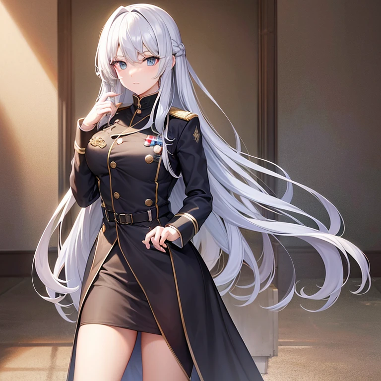 (masterpiece,8K)A long shot of a beautiful girl with long silver hair standing in military coat.