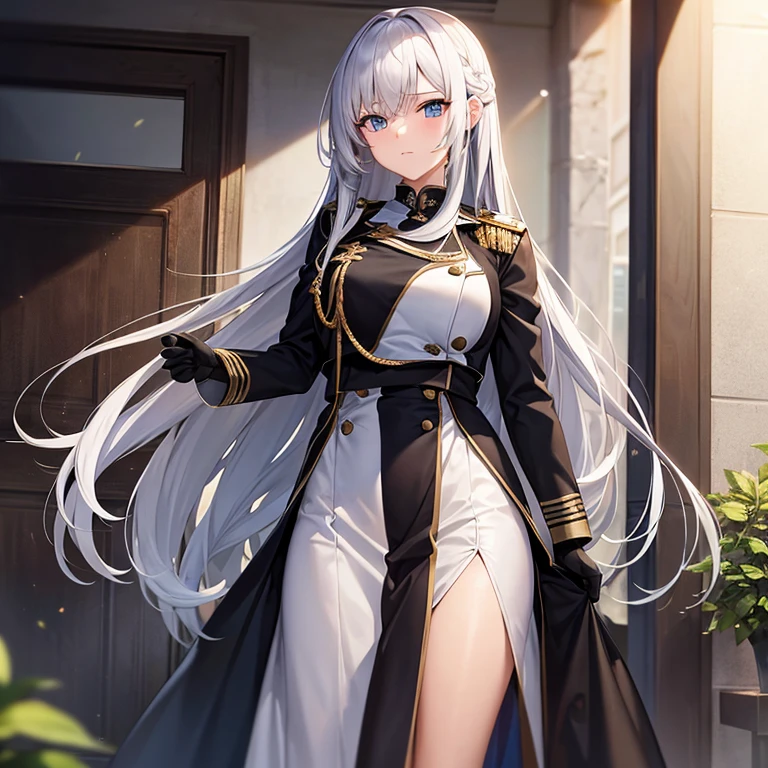 （masterpiece,8K）A long shot of a beautiful girl with long silver hair standing in military coat.