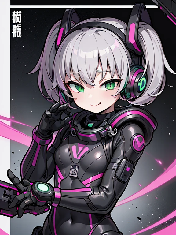 highest quality、master piece、cover、(1 girl):1.4、(dark gray futuristic space suit)、(Pink twin tails):1.3、(green eyes):1.1,(Futuristic, Tight Fit Bodysuit)、headphone、Cyberpunk futuristic world background、space station background、masterpiece、highest quality、