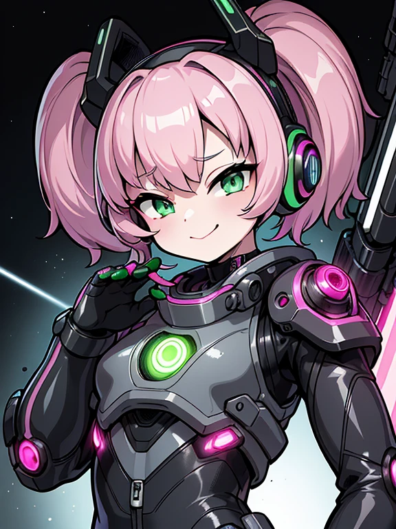 highest quality、master piece、cover、(1 girl):1.4、(dark gray futuristic space suit)、(Pink twin tails):1.3、(green eyes):1.1,(Futuristic, Tight Fit Bodysuit)、headphone、Cyberpunk futuristic world background、space station background、masterpiece、highest quality、