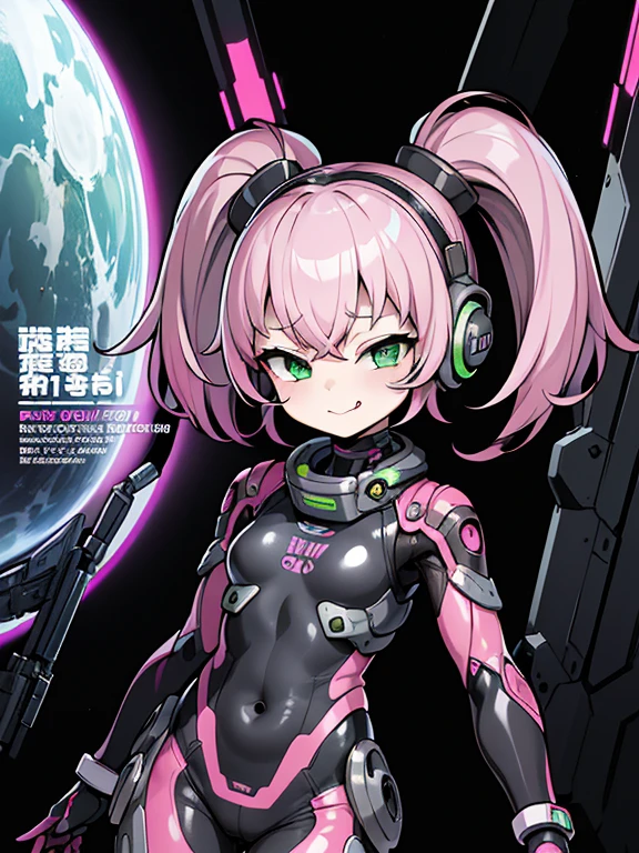 highest quality、master piece、cover、(1 girl):1.4、(dark gray futuristic space suit)、(Pink twin tails):1.3、(green eyes):1.1,(Futuristic, Tight Fit Bodysuit)、headphone、Cyberpunk futuristic world background、space station background、masterpiece、highest quality、