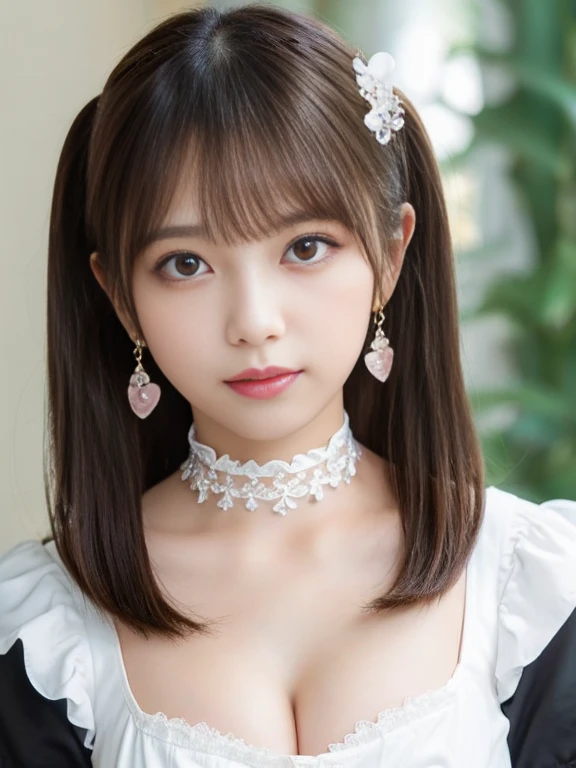 Girl in maid clothes,voluminous miniskirt,detailed face and eyes,Cute feminine pose,flower background、portrait,soft pastel colors,warm lighting,highest quality,table top:1.2,super detailed,realistic、young face、slight smile、(big breasts:1.u can see beautiful cleavage)、(random hairstyle、cute hair ornament)、(random cute choker)、(wear heart-shaped earrings)、(anxious look)