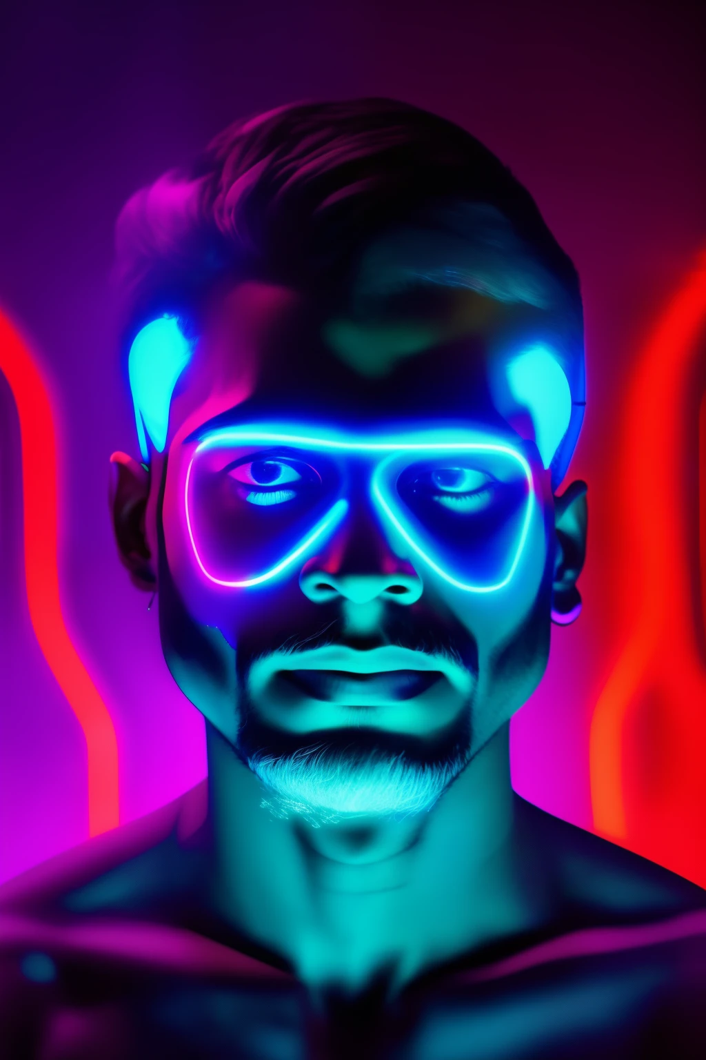 An Indian man, dressed in contemporary attire, stands before you in the dimly lit room bathed in vibrant neon lights. He dons a state-of-the-art Virtual Reality headset, the advanced technology illuminated by the neon rays. His deep-set eyes peer intently through the headset, a sense of awe and fascination on his face. The neon lights cast intriguing shadows on the normally tranquil features of his face, imbuing the scene with an otherworldly allure. The background is dark, allowing the intense neon hues to command your attention. The high-resolution image, presented in 8k, allows every detail to