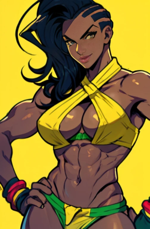 1 sexy woman, 25 yo,  (laura matsuda) (streetfighter) gta style, cowboy shot, mid distance shot, perfect eyes, perfect body, perfect hands, perfect lips, hourglass body, 34d breast, copa cabana beach, background, extremely detailed, ultra-realistic, dark hair, tanned skin, fit body, muscolar, sensual look, sexy eyes