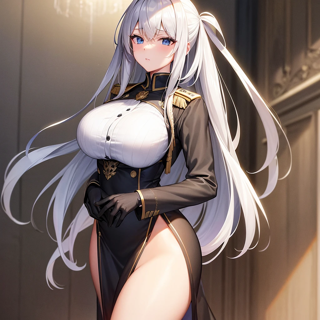 (masterpiece,8K)A long shot of a beautiful girl with long silver hair and large bust standing in military uniform.