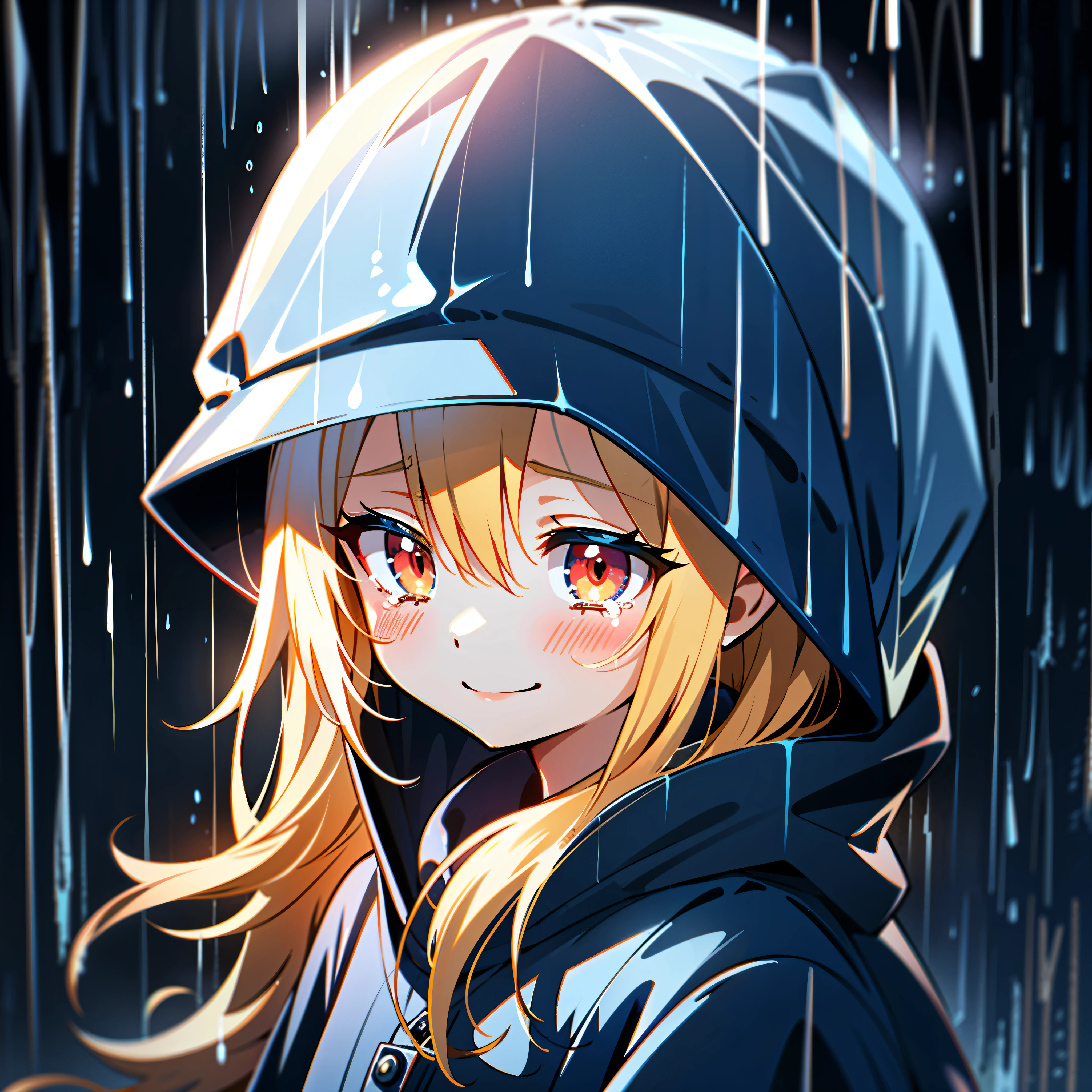 girl, blonde hair, red eyes, rain, looking down, smile, tears, blue raincoat, hood up, town
