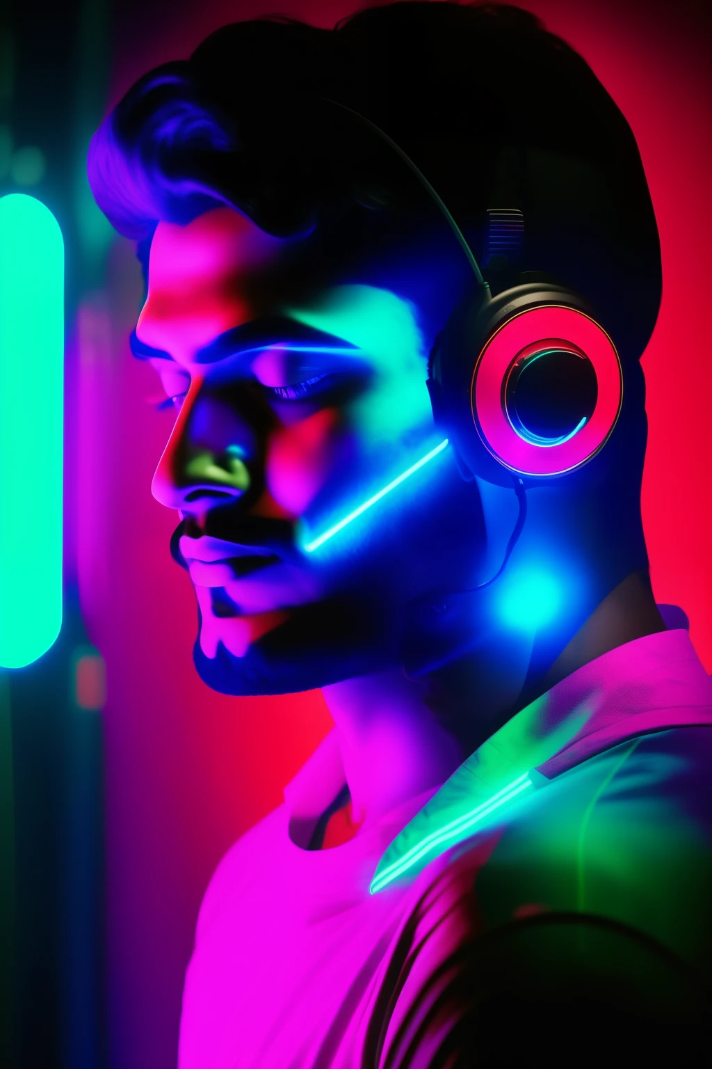 An Indian man, dressed in contemporary attire, stands before you in the dimly lit room bathed in vibrant neon lights. He dons a state-of-the-art Virtual Reality headset, the advanced technology illuminated by the neon rays. His deep-set eyes peer intently through the headset, a sense of awe and fascination on his face. The neon lights cast intriguing shadows on the normally tranquil features of his face, imbuing the scene with an otherworldly allure. The background is dark, allowing the intense neon hues to command your attention. The high-resolution image, presented in 8k, allows every detail to