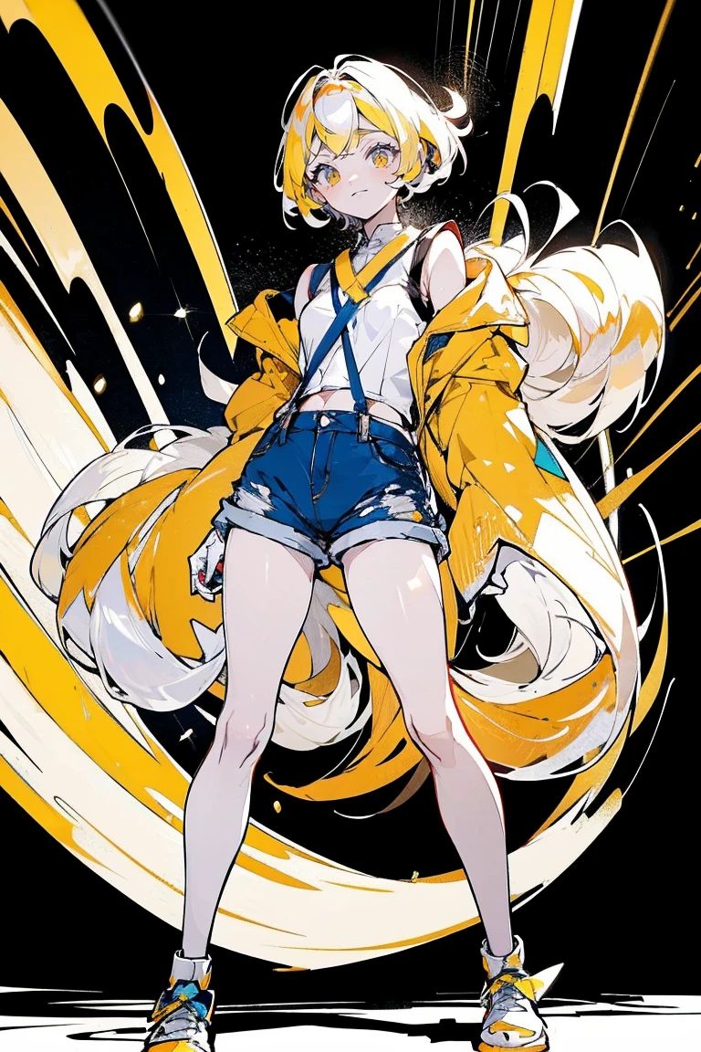 Anime profissional, anime :Pokémon, estilo anime: PROTEUS.Inc., obra de arte, melhor qualidade, high resolution, 1 woman only, enevoado (Pokémon), cabelo laranja, Sozinho, shorts, suspenders, rabo de cavalo lateral, cabelo laranja, stomach, topo de colheita amarelo, umbigo, cabelo curto, Jeans, shorts jeans, sorriso, tiro de vaqueiro, standing, ritmo_sinal, ao ar livre, 80% no vestido de gala