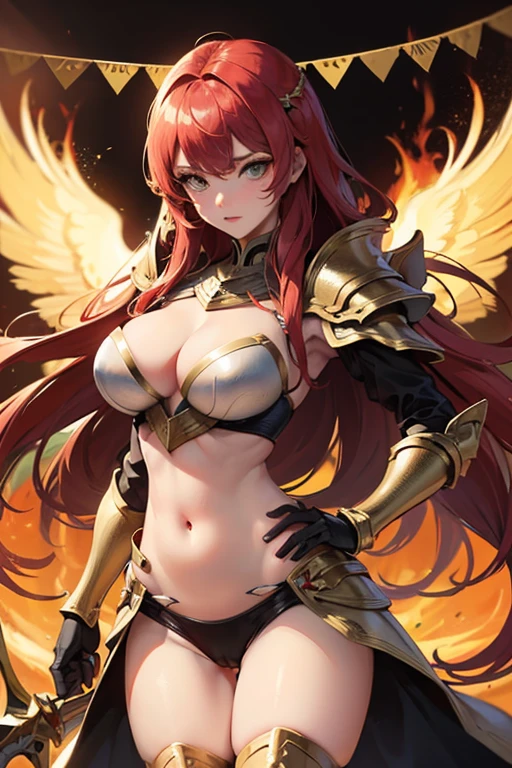 Guerreira, fantasia, armadura de placas, steel breastplate, Steel gauntlets, steel gloves, saia curta, saia vermelha, levantando a saia, calcinha branca, calcinha aparecendo, ruiva, realista, D&D, saia levantada, (cameltoe), upskirt, Steel gauntlets, steel boots, steel breastplate, melhor qualidade, tiro de cowboy, obra-prima, 8k, (exposed navel)