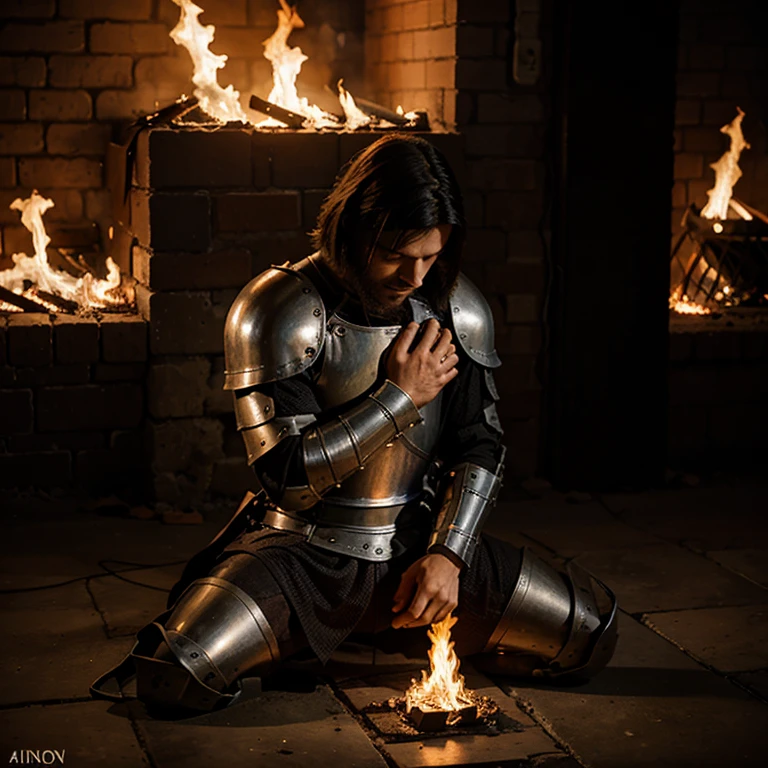 Knight praying while he is on fire