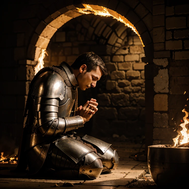 Knight praying while he is on fire