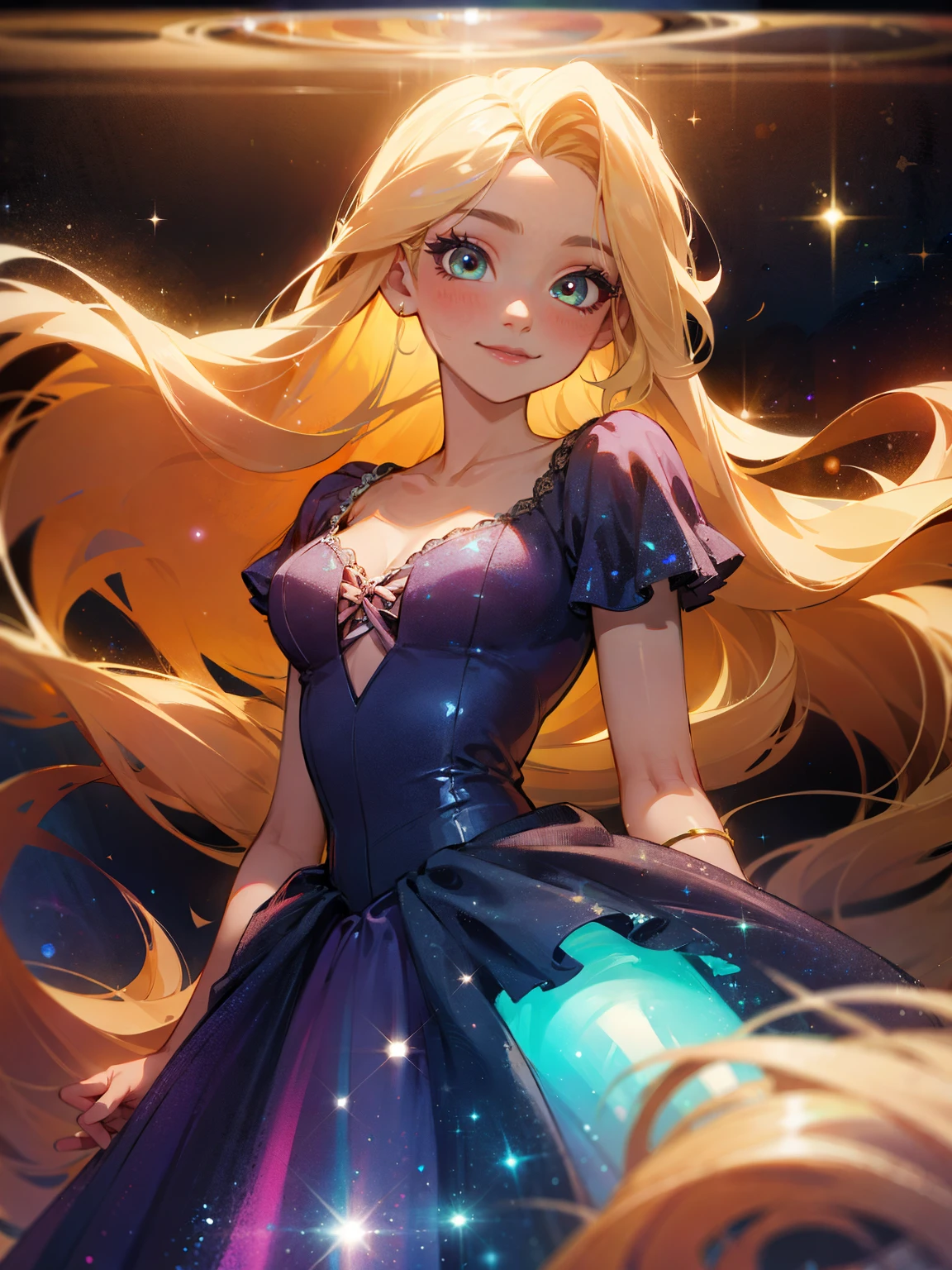 bioluminescent shiny glow, beautiful girl in flowing ballgown dress, galaxy style dress, galaxy glow, sparkling, ethereal, fluffy flowing hair, silky glistening iridescent ash hair, 