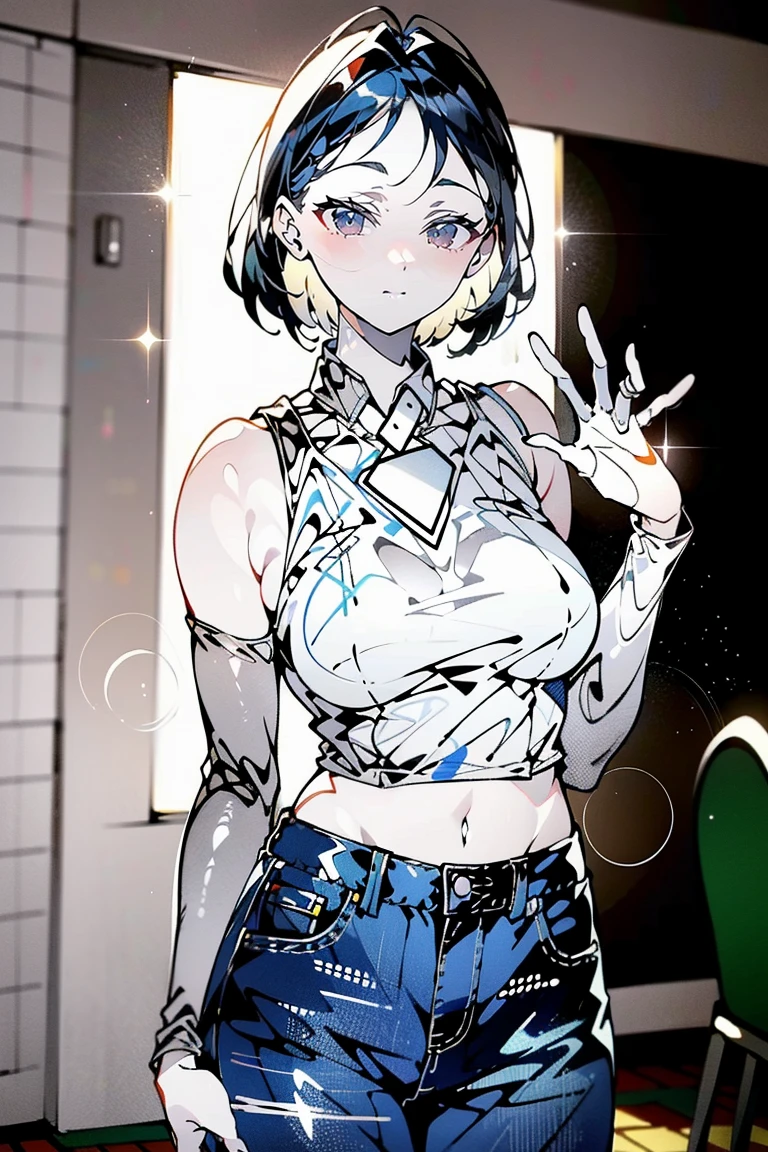 (8k、Best image quality、Highest quality、masterpiece)、Detailed face、One Girl、Black Hair、Twin tails、Bright Blue Eyes、Wicked Smile、((steam, sweat, Grin))、Small breasts、((White knit))、Off the shoulder、Strapless、((Denim pencil skirt))、((pantyhose))、Cowboy Shot、entrance、Open the door、(A big, muscular black man hugging her from behind:1.3)