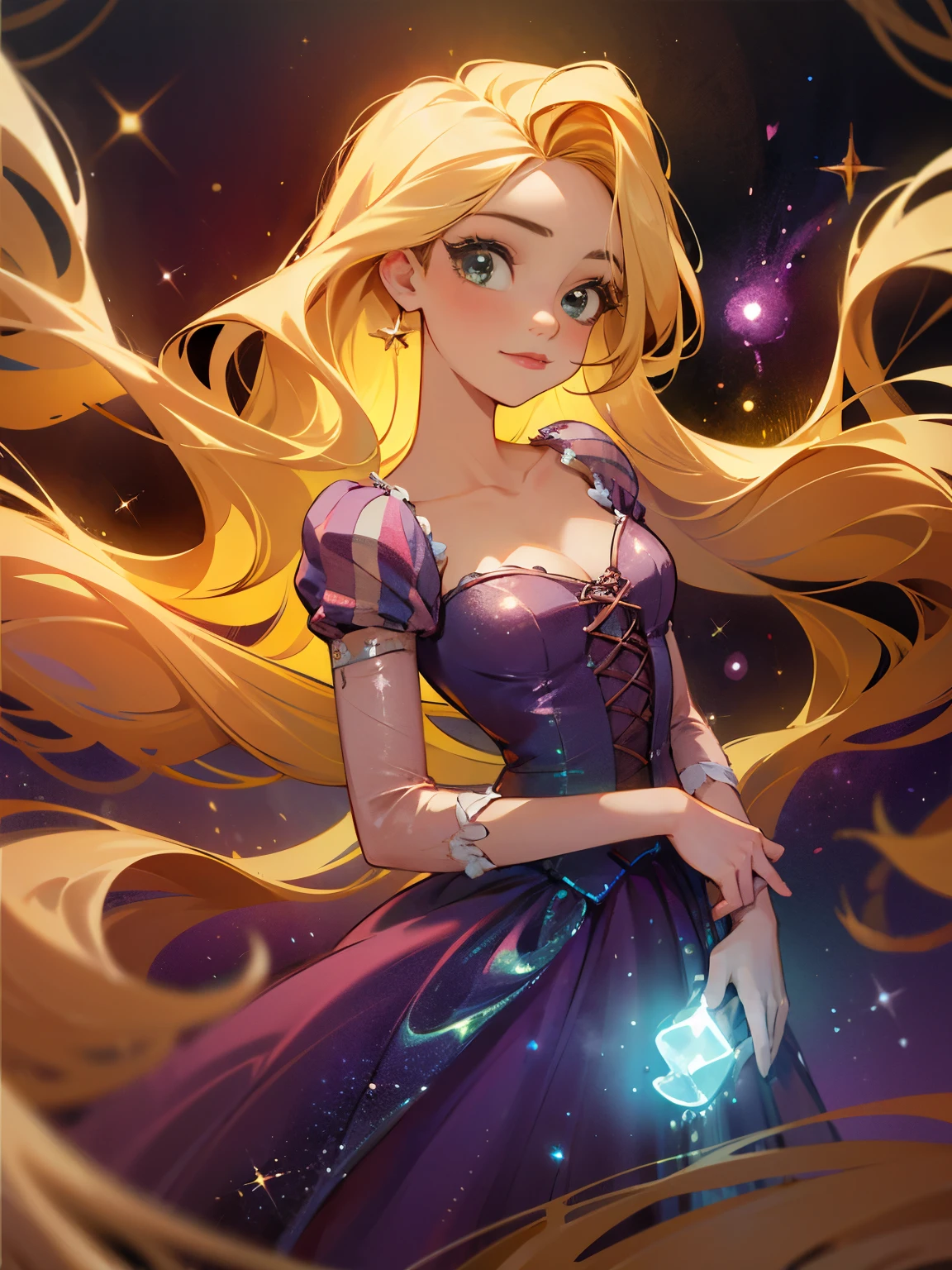 bioluminescent shiny glow, beautiful girl in flowing ballgown dress, galaxy style dress, galaxy glow, sparkling, ethereal, fluffy flowing hair, silky glistening iridescent ash hair, 