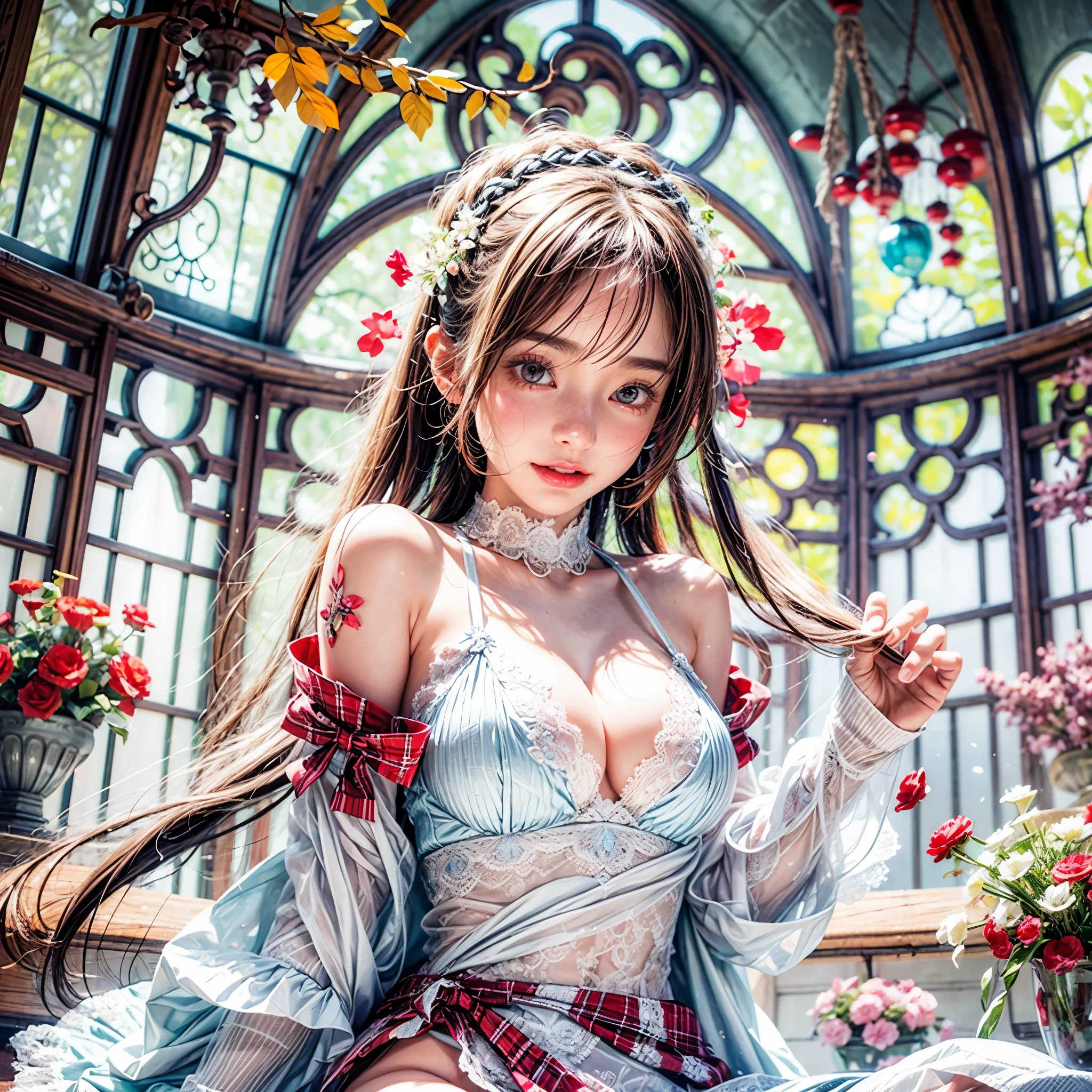 (SFW, White and Red, masterpiece:1.2, Exposed:1.2), (nipple:-0.9), (Acutance:0.8), (many sexy junior idols in group photograph), ((Extremely Detailed KAWAII face variations, joyful expression variations)), { Navel | pretty Ass | Overflowing sideboob | (Delicate lace knitted wear) | full of Flowers covering girl's body | (Colorful Light shines from Dazzling and delicate stained glass:1.2) }. ( ultra-detailed, realistic, (photorealistic:1.37) with a touch of rawness). { under the mesmerizing back lighting | concept art | enhancing the overall visual impact }. (not Detailed fingers:-0.9) .