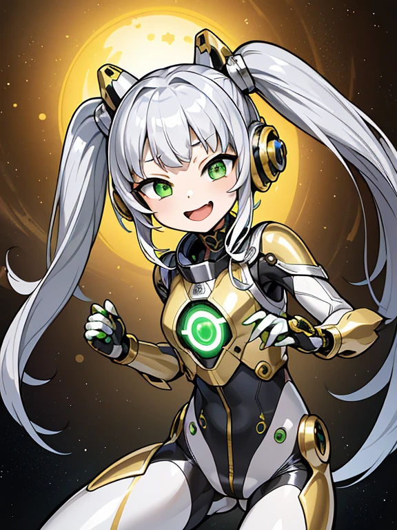 masterpiece、highest quality、master piece、(1 girl):1.4、(Metallic shiny silver futuristic spacesuit)、(golden hair):1.3、twin tails、(green eyes):1.1,(near future的な, Tight Fit Bodysuit)、headphone、space station background、near future、cyber punk