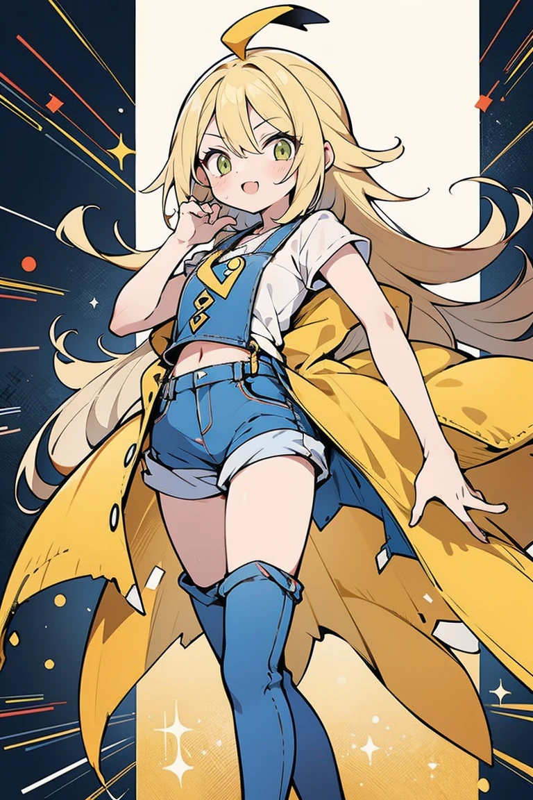 Anime profissional, anime :Pokémon, estilo anime: PROTEUS.Inc., obra de arte, melhor qualidade, high resolution, 1 woman only, enevoado (Pokémon), cabelo laranja, Sozinho, shorts, suspenders, rabo de cavalo lateral, cabelo laranja, stomach, topo de colheita amarelo, umbigo, cabelo curto, Jeans, shorts jeans, sorriso, tiro de vaqueiro, standing, ritmo_sinal, ao ar livre, 80% no vestido de gala