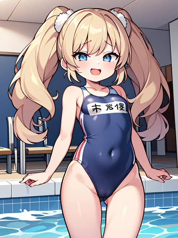 highest quality、master piece、very detailed、(1 girl):1.4、(Futuristic competitive swimsuit)、(Golden hair):1.3、twin tails、ショートtwin tails、(dark blue eyes):1.1,(Near the future)、indoor pool background