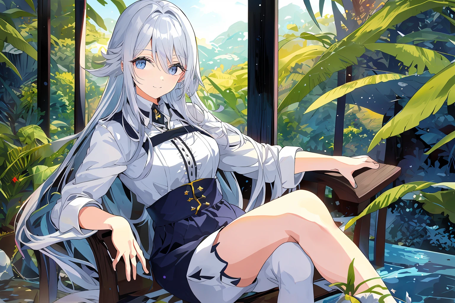 逼真,1girl,White hair,Purple eye,Luminous eyes,Cut the top,Male genitalia,Insert into the genitals,Parting lips,get blush,night,fresh flowers,The Sun,The sunlight, --auto