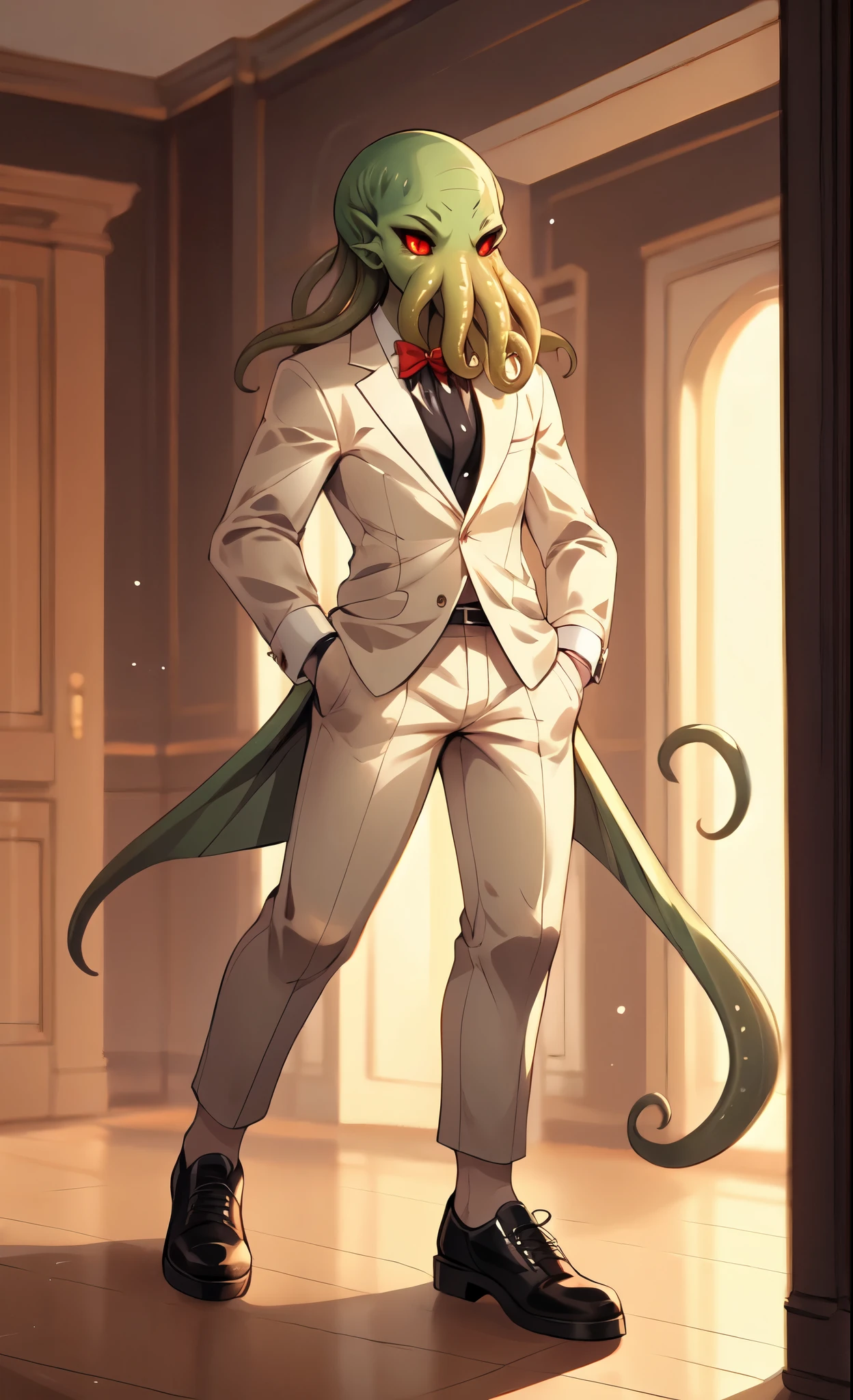 masterpiece, best quality, (cthulhu:1.2) light green skin, red eyes, white sclera, wearing black suit and tie, black shoes, red bow tie, standing in a mansion, by fumiko, by hyattlen