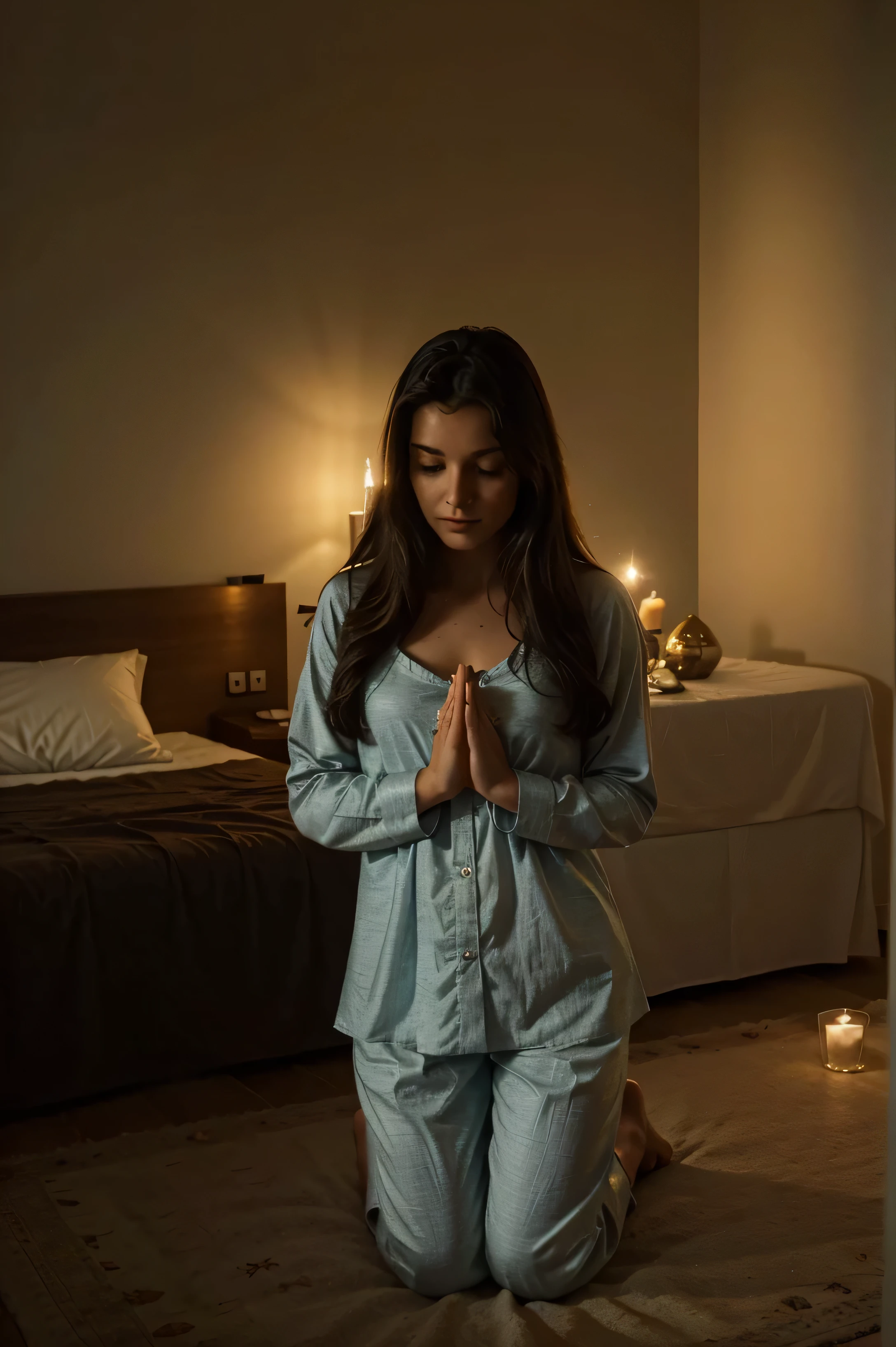 a woman kneeling on the floor next to a bed in a dimly lit room, with hands joined in prayer. She is in pajamas and has a calm expression on her face... Ao redor do quarto, there are candles lit, criando uma atmosfera acolhedora. A luz suave destaca os detalhes do ambiente, including an open Bible on the bedside table and a religious image on the wall. The window is partially open, permitindo que a luz da lua entre suavemente. About the price, There is a sense of peace, Reflection and spiritual connection.