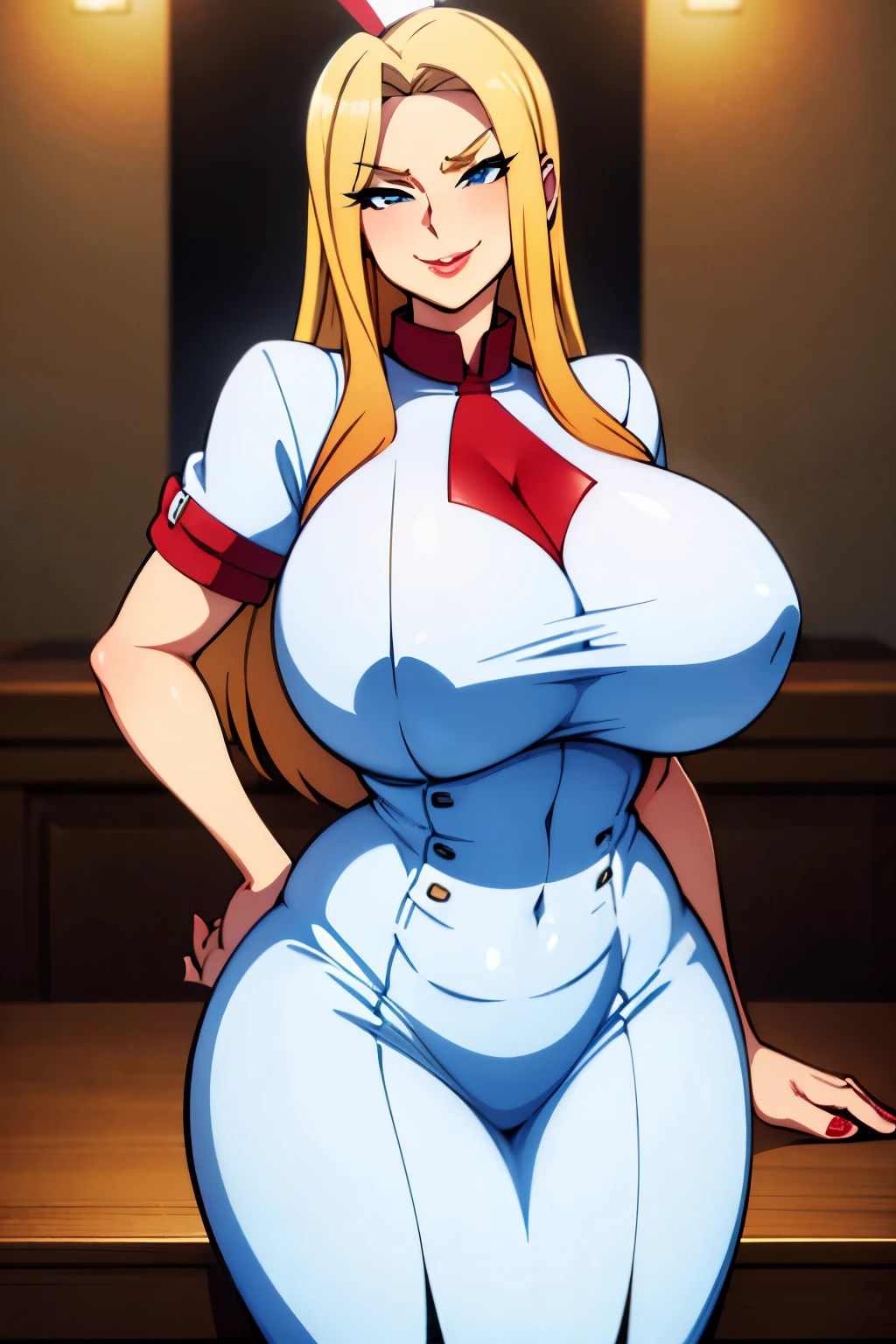 perfect hourglass figure with an incredible rack of melon sized tits and an nice big round arse, nurses uniform, blonde hair, milf, smirking, lipstick
