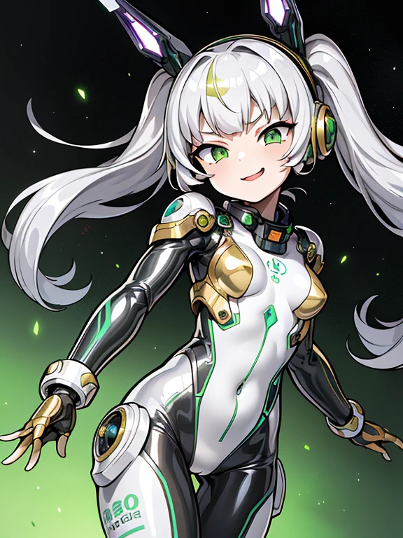 masterpiece、highest quality、master piece、(1 girl):1.4、(Metallic shiny silver futuristic spacesuit)、(golden hair):1.3、twin tails、(green eyes):1.1,(near future的な, Tight Fit Bodysuit)、headphone、space station background、near future、cyber punk