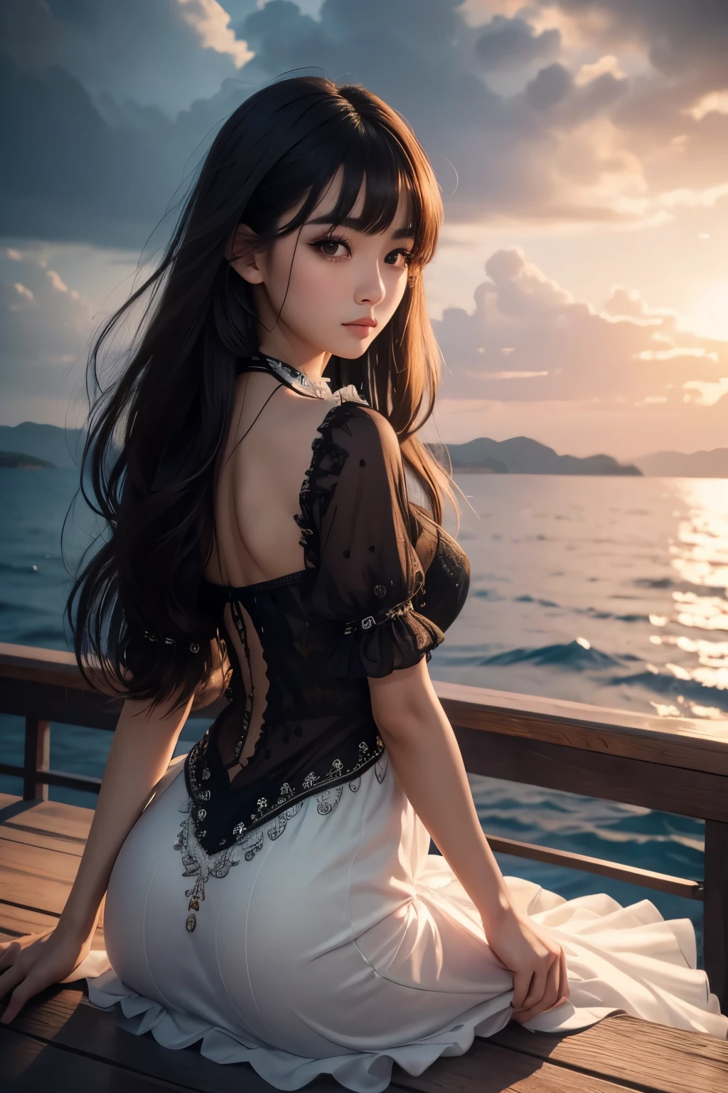 (In 8K, best quality, muste piece:1.2)、ultra high resolution、1 very beautiful Asian girl, ,Fair skin,ultra-detailed face,cute eyes,Brown eyes,double eyelid,long eyelashes,straight hair、long hair、black hair,blunt bangs,BREAK, Mermaid frill dress,lighting behind、Titanic in the sea,detailed hand fingers、solo、look back