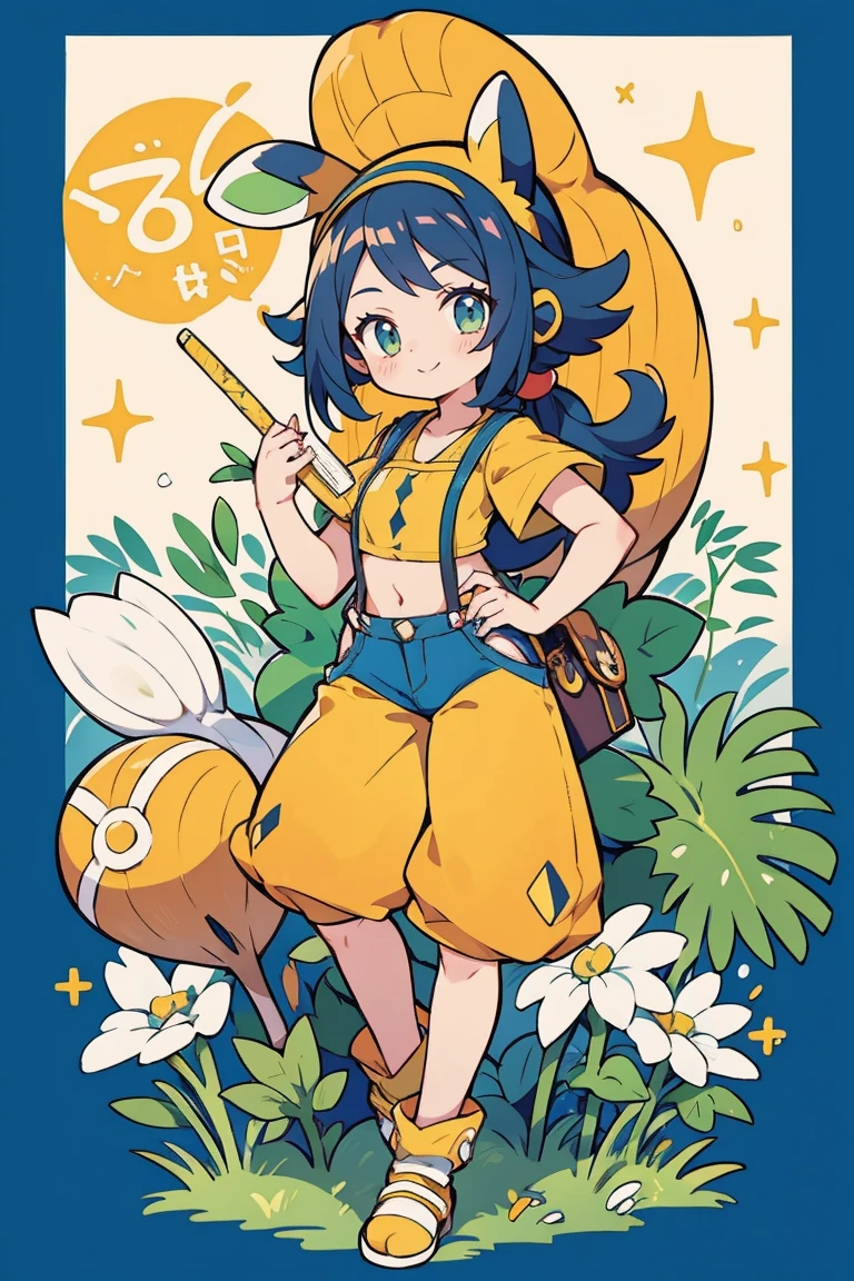 Anime profissional, anime :Pokémon, estilo anime: PROTEUS.Inc., obra de arte, melhor qualidade, high resolution, 1 woman only, enevoado (Pokémon), cabelo laranja, Sozinho, shorts, suspenders, rabo de cavalo lateral, cabelo laranja, stomach, topo de colheita amarelo, umbigo, cabelo curto, Jeans, shorts jeans, sorriso, tiro de vaqueiro, standing, ritmo_sinal, ao ar livre, 80% no vestido de gala