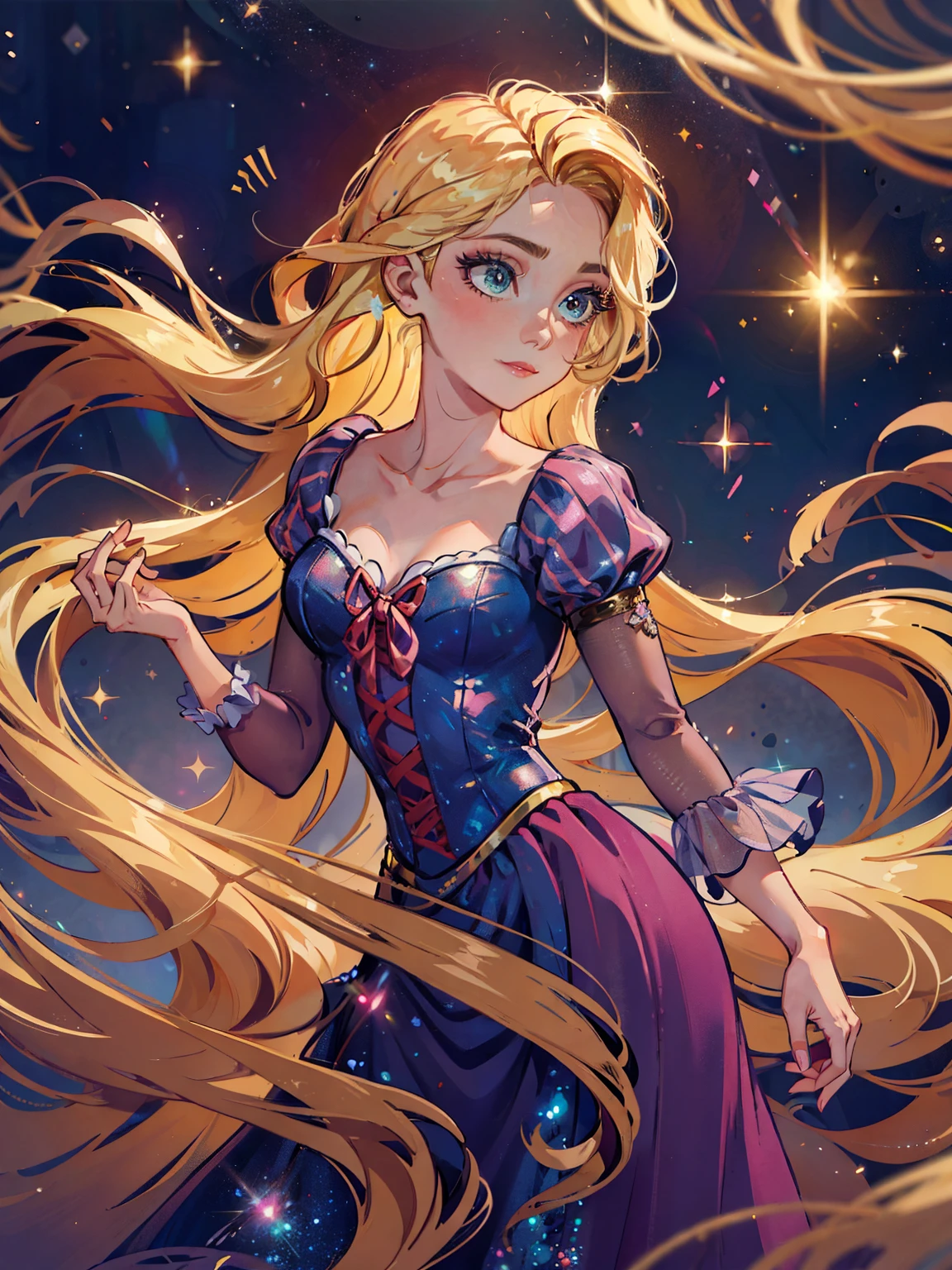 bioluminescent shiny glow, beautiful girl in flowing ballgown dress, galaxy style dress, galaxy glow, sparkling, ethereal, fluffy flowing hair, silky glistening iridescent ash hair, 