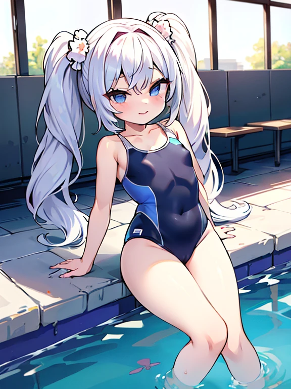 ((highest quality)), (masterpiece)), (detailed: 1.4), Unorganized resolution、High resolution、(masterpiece:1.4)、超detailed、one beautiful girl、highest quality、master piece、非常にdetailed、(1 girl):1.4、(Futuristic competitive swimsuit)、(Golden hair):1.3、twin tails、ショートtwin tails、(dark blue eyes):1.1,(Near the future)、indoor pool background