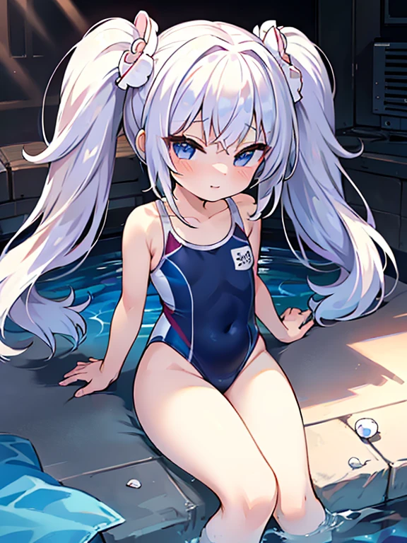 ((highest quality)), (masterpiece)), (detailed: 1.4), Unorganized resolution、High resolution、(masterpiece:1.4)、超detailed、one beautiful girl、highest quality、master piece、非常にdetailed、(1 girl):1.4、(Futuristic competitive swimsuit)、(Golden hair):1.3、twin tails、ショートtwin tails、(dark blue eyes):1.1,(Near the future)、indoor pool background