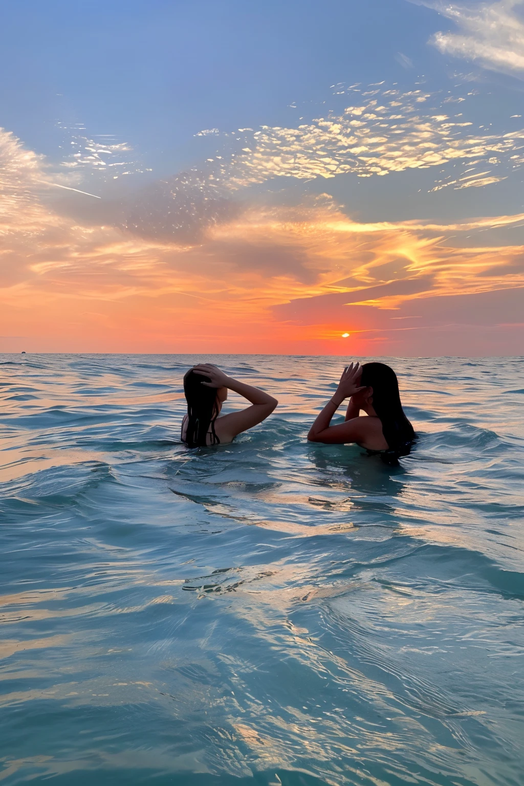 two women in the ocean at sunset with their heads in the water, floating in the ocean, on the ocean water, in the sea, floating on the ocean, at the beach on a sunset, in the ocean, during sunset, on the beach during sunset, with sunset, in the sunset, looking off into the sunset, on the ocean, at beach at sunset
