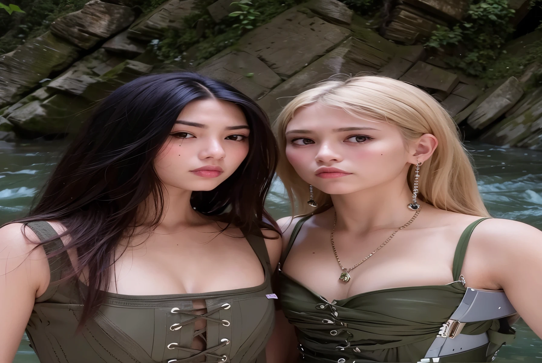 two women in green dresses standing next to each other near a river, Ruan Jia y Mandy Jurgens, dos modelos en el marco, foto de perfil, yanjun chengt, beautiful science fiction twins, caras hermosas, 2 0 2 0 moda, hermosos gemelos geminis, asian features, modelo de instagram, xisionwu, 🤬 🤮 💕 🎀