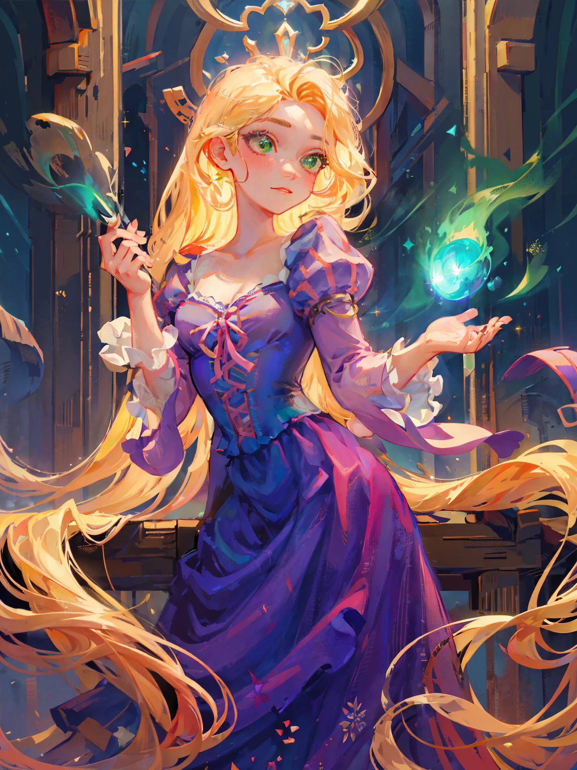 bioluminescent shiny glow, beautiful girl in flowing ballgown dress, galaxy style dress, galaxy glow, sparkling, ethereal, fluffy flowing hair, silky glistening iridescent ash hair, long maic hair, green eyes, rapunzel