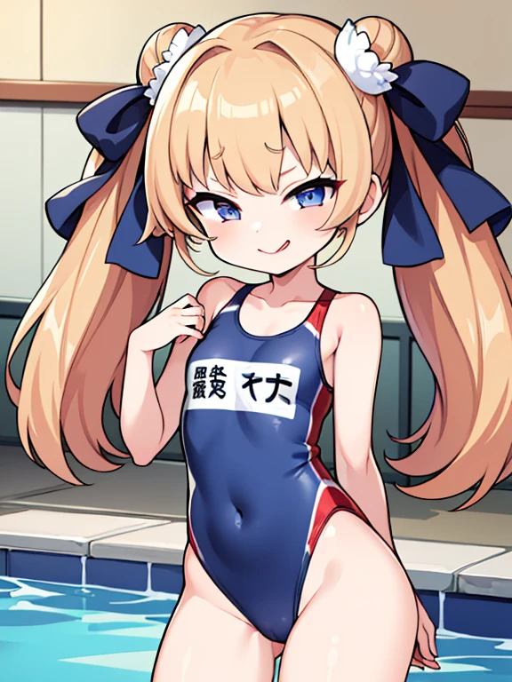 ((highest quality)), (masterpiece)), (detailed: 1.4), Unorganized resolution、High resolution、(masterpiece:1.4)、超detailed、one beautiful girl、highest quality、master piece、非常にdetailed、(1 girl):1.4、(Futuristic competitive swimsuit)、(Golden hair):1.3、twin tails、ショートtwin tails、(dark blue eyes):1.1,(Near the future)、indoor pool background