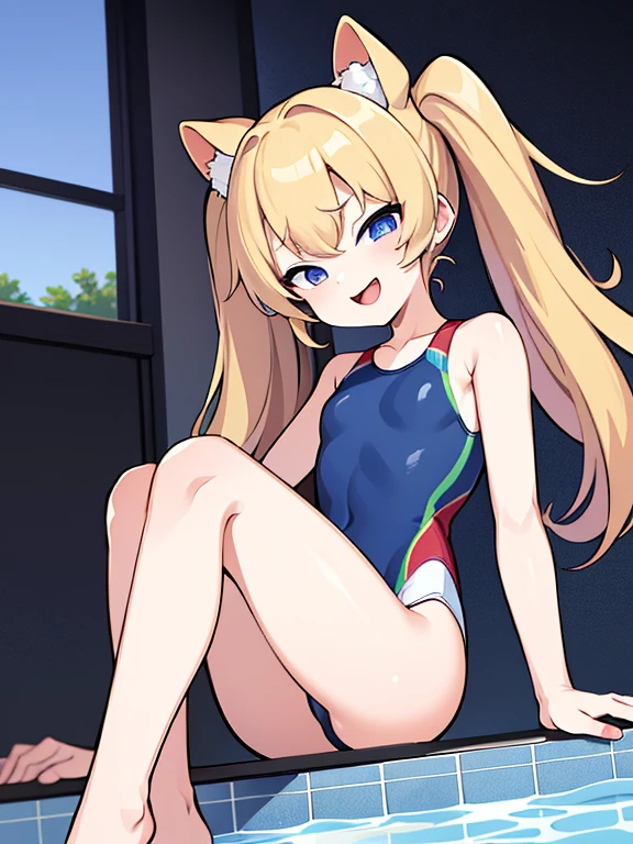((highest quality)), (masterpiece)), (detailed: 1.4), Unorganized resolution、High resolution、(masterpiece:1.4)、超detailed、one beautiful girl、highest quality、master piece、非常にdetailed、(1 girl):1.4、(Futuristic competitive swimsuit)、(Golden hair):1.3、twin tails、ショートtwin tails、(dark blue eyes):1.1,(Near the future)、indoor pool background