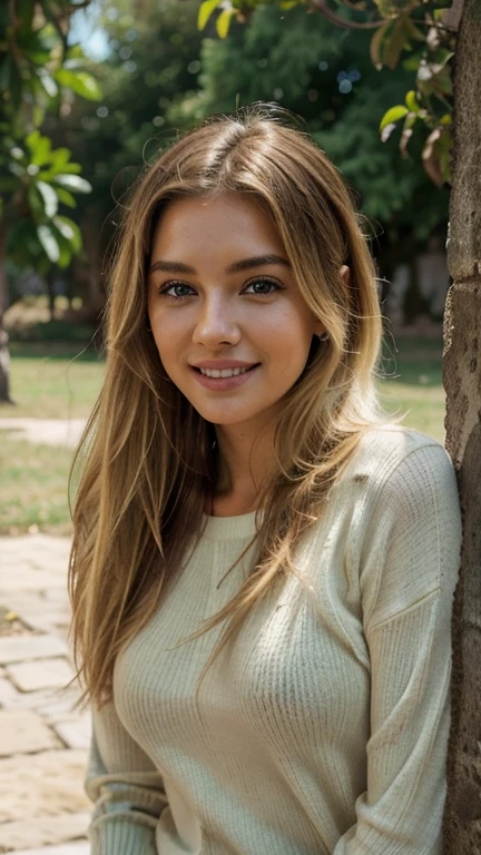 A 23-year-old blonde woman, ((pechos grandes)), ((hiperrealismo)) ,. blonde hair with light brown roots. cabello rubio, Hair with brown roots, cabello extra largo, cabello muy largo, Cabello muy largo, hermoso, perfil, Foto tomada de perfil con iPhone 15 pro, con fondo invernal, alta calidad, ojos verdes, labios carnosos, profundidad de campo, sonriendo, red sweater, extremadamente detallado, perro